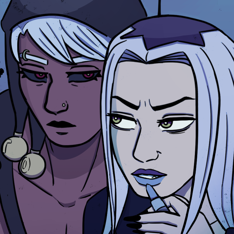 Drawing of a two people putting on makeup in a bathroom