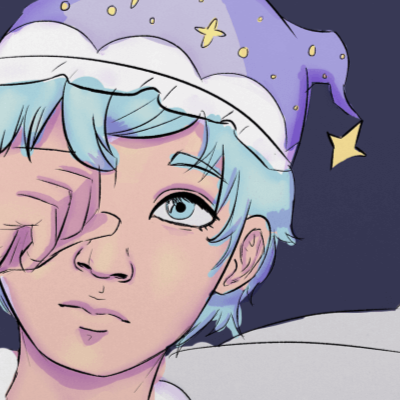 Illustration of young boy with blue hair wiping his eye