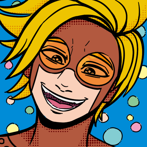 Drawing of a superhero with goggles and blonde hair