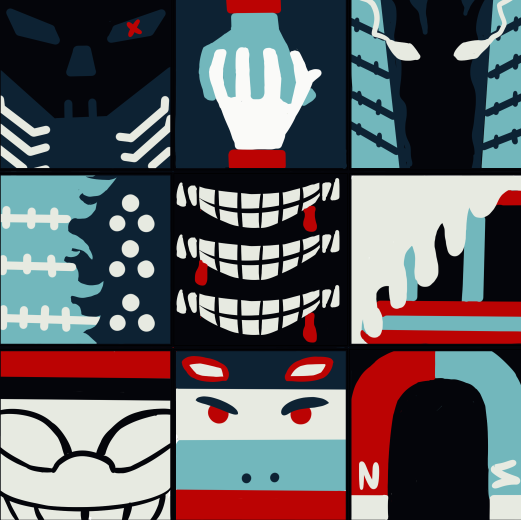 9 tile arrangement of icons in teal, red, and white